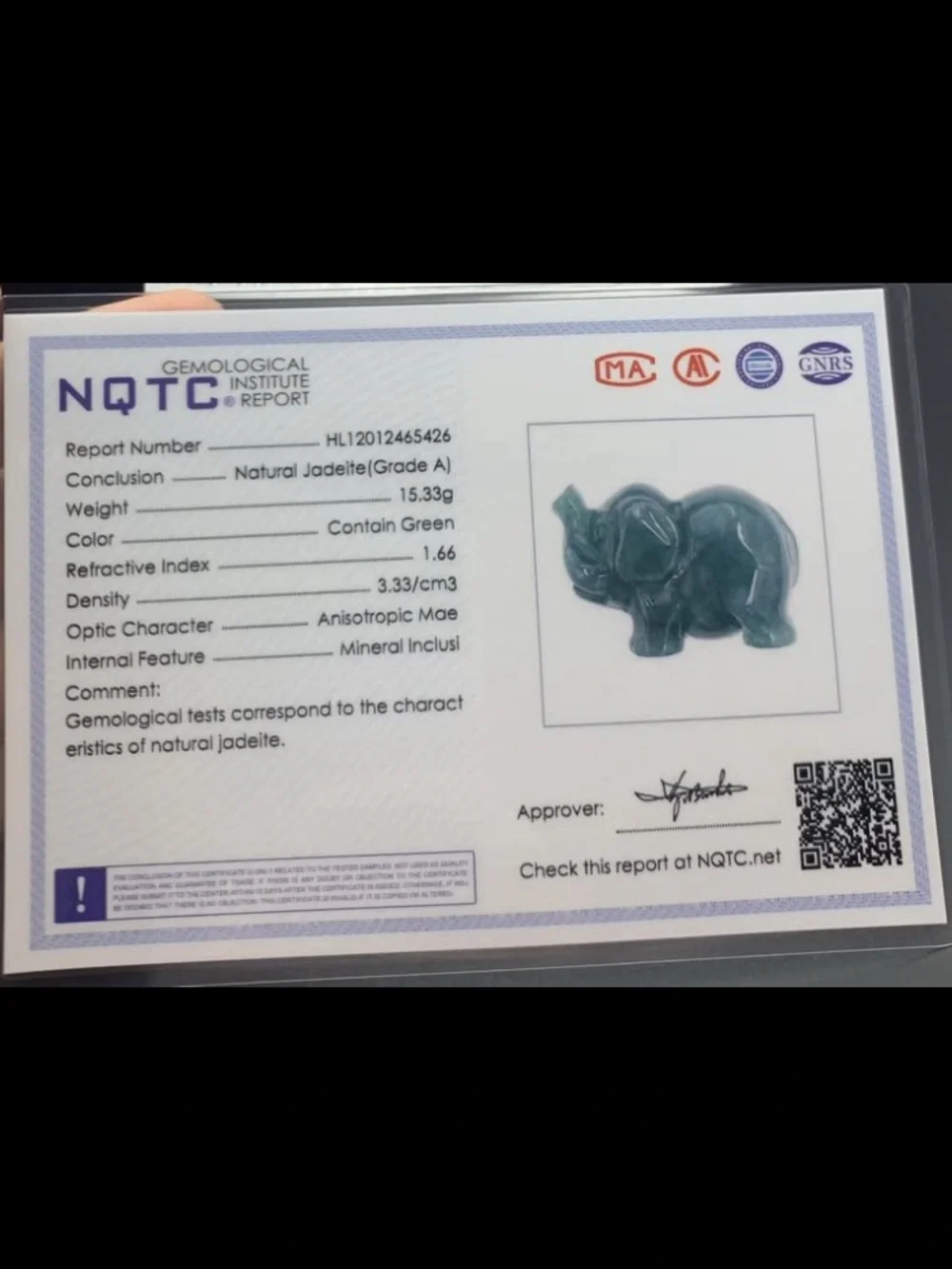 Certificate Jadeite Jade Grade A Luck Green Elephant chunk up pendant
